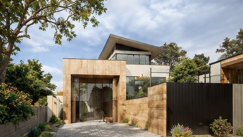 Modern residence with stone facade